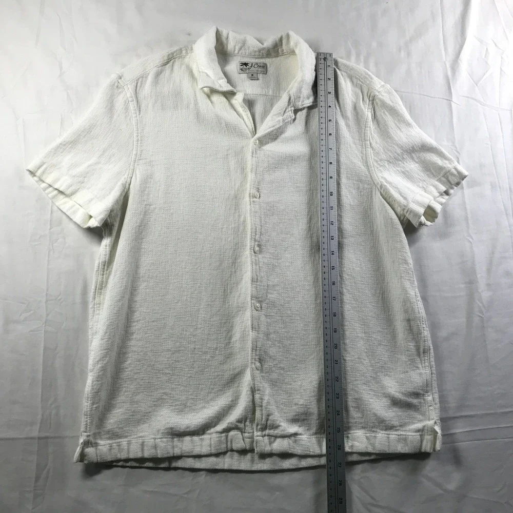 J Crew Mens White Textured Cotton Short Sleeve Camp Collar Button Down Shirt M